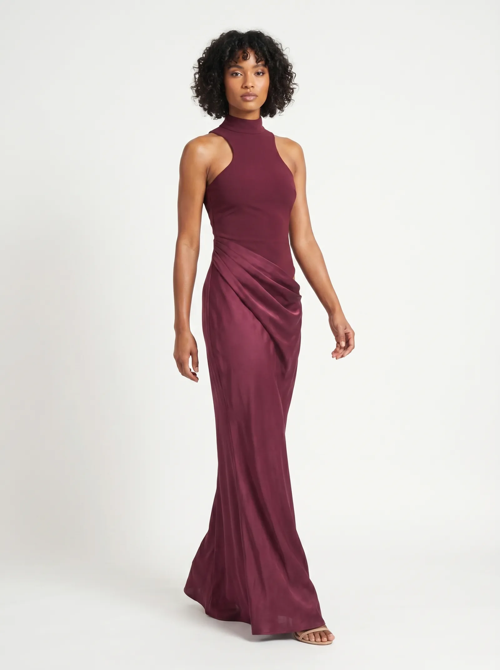 AI-generated on-model imagery — red dress
